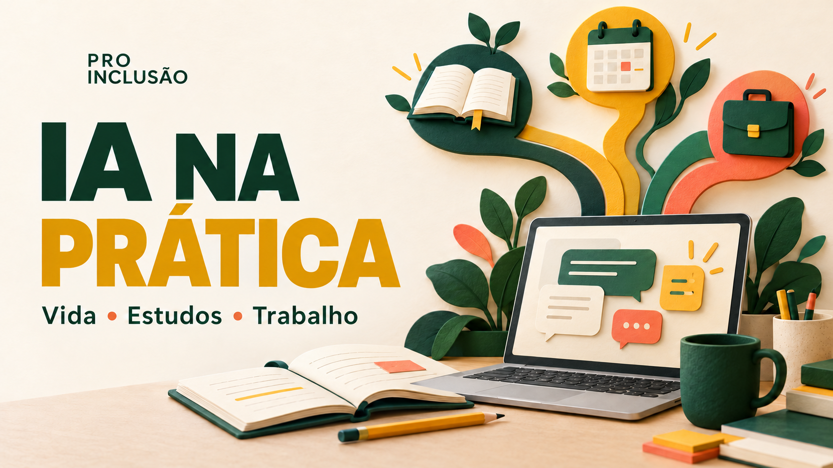 IA na Prática: notebook com balões de conversa ligado a um livro, calendário e pasta, representando estudos, cotidiano e trabalho.